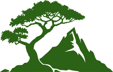 Poster - Silhouette of a tree beside a mountain in green minimalist style