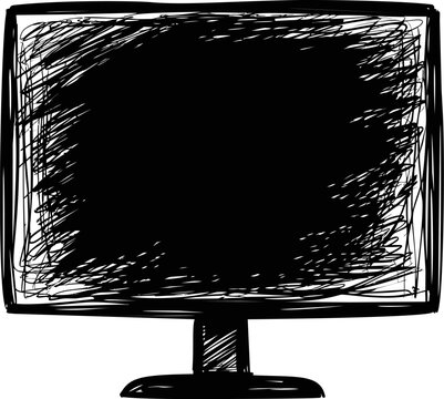 Sketch of a black computer monitor with scribbled screen and base