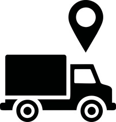 Poster - Black delivery truck icon with location pin, logistics concept