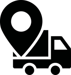 Poster - Black icon of delivery truck with map pin symbol