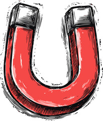 Poster - Red horseshoe magnet sketch with bold black outlines and white highlights