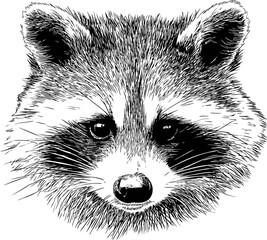 Wall Mural - intricate black and white sketch of raccoon face with detailed fur line art