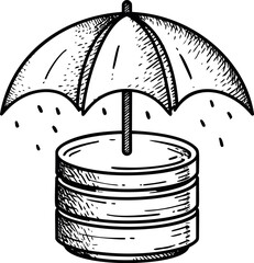 Poster - Database symbol with umbrella icon protecting from rain sketch doodle style