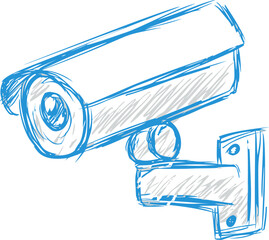 Poster - Sketch of a blue security camera mounted on a wall, concept of surveillance