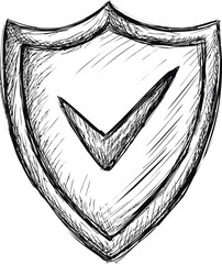 Poster - Black and white sketch of a shield with a check mark symbol for security concept