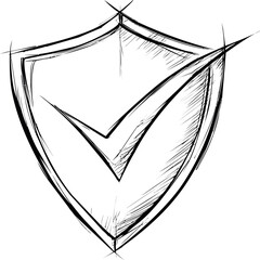 Poster - Sketch of a shield with a check mark in black, security concept