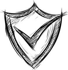 Poster - Sketch style black and white shield with check mark illustration, hand drawn concept