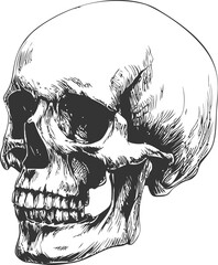 Poster - Detailed black and white illustration of a human skull with focus on texture