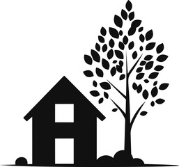 Poster - Silhouette of a house and tree with leaves in black and white graphic design