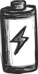 Poster - Hand-drawn sketch of a battery with lightning bolt symbol in black and white