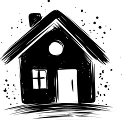 Poster - Black and white ink sketch of a house with splatter details, artistic concept