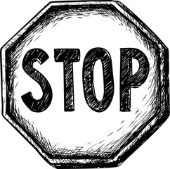 Poster - Black and white sketch of an octagonal stop sign with textured drawing style