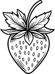 Poster - Black and white illustration of a strawberry with detailed leaves