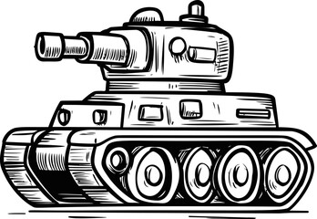 Poster - Black and white illustration of a cartoon tank with exaggerated features