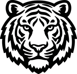 Poster - Black and white vector illustration of a tiger head, bold and fierce expression