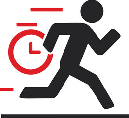 Poster - Running figure with red clock symbolizing urgency and speed in a minimalist logo