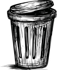 Aufkleber - Sketch of a black and white trash can with open lid, vintage line art style