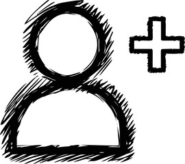 Poster - Sketch style add user icon with plus sign in black and white illustration