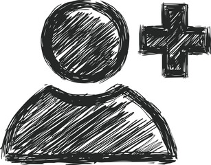 Poster - Sketchy black and white user icon with plus sign for adding friends concept