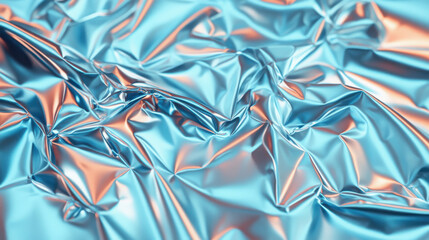 Poster - Abstract background created from crumpled foil with turquoise and orange reflections. Smooth and sharp creases. Concept for texture and surface.