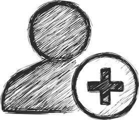 Poster - Scribbled user icon with a plus sign in black and white, hand-drawn style