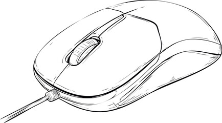 Poster - Detailed sketch of a computer mouse with cord, black and white line art drawing