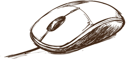 Fototapete - Detailed sketch of a computer mouse in brown ink