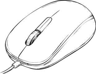 Poster - Line drawing of a wired computer mouse with detailed design features