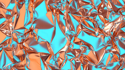 Poster - Crumpled metallic paper with a shiny surface. Abstract texture background. Blue and copper holographic wrinkled material for graphic design.