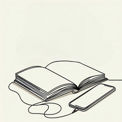 Poster - Open book and smartphone connected by audio cable in minimalist design  