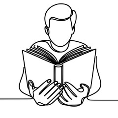 Poster - Man reading a book with both hands in a minimal line art style - Concept of single line outline vector  