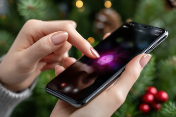 Poster - Modern smartphone user unlocking device with fingerprint sensor during festive season