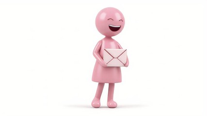 Poster - Happy Pink Character Holding Envelope, Smiling, Delivering Message