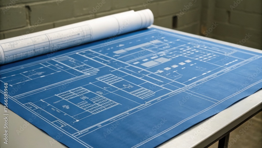 Rolled architectural blueprints laid on a table, displaying detailed ...