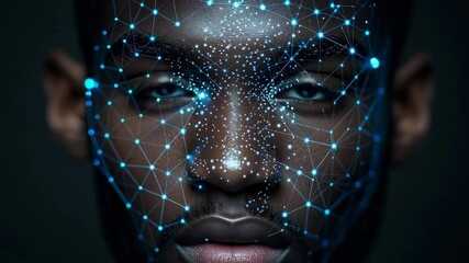 Aufkleber - A man's face is shown with a blue and white pattern. The image has a futuristic and artistic feel to it