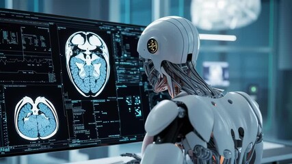 Aufkleber - A robot is sitting in front of a computer monitor that is displaying three different images of a brain