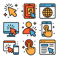 Fototapete - Click nine colorful clickable interface icons for intuitive user interaction. Suitable for web design projects and app development.