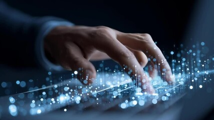 Fototapete - A person is typing on a keyboard with a blue background. Concept of productivity and focus, as the person is actively engaged in their work. The blue background adds a calming
