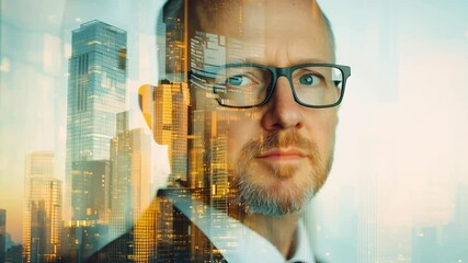 Poster - A man wearing glasses and a suit is looking at the camera. The city in the background is blurred and distorted, giving the impression of a dream or a surreal image. The man's expression is serious