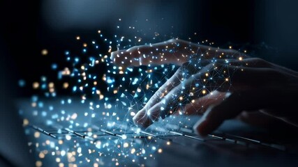 Aufkleber - A hand is typing on a keyboard with a blue background. Concept of technology and modernity, as well as the idea of human interaction with machines