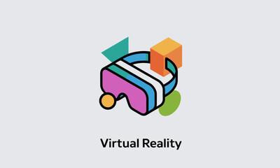 Poster - Virtual Reality headset illustration floats with colorful geometric shapes on a light background for a technology concept with copy space.