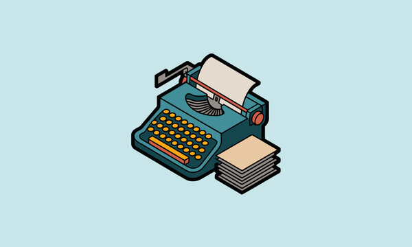 Vintage Typewriter Sits Neatly with Stack of Paper on a Light Blue Background, representing writing and creativity, with isometric view and copy space.