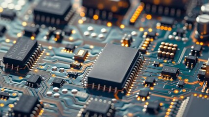 Poster - A close up of a computer chip. The chip is black and has a lot of small lines on it