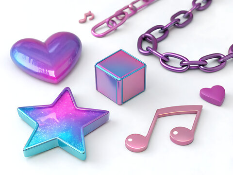 Iridescent objects including a heart star cube chain and musical notes on a white background
