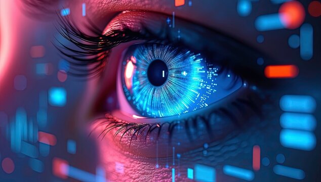 Eye enhanced with vibrant digital effects, representing enhanced perception or surveillance