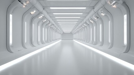 Fototapete - Futuristic corridor with glowing walls and floor leading toward bright illumination, creating mysterious atmosphere in sleek, minimalist architectural space