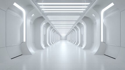 Fototapete - Futuristic white empty corridor with bright lights going on forever in perspective, ideal for backgrounds and architecture visualization projects