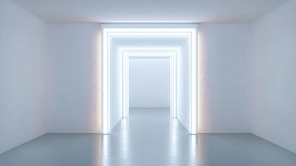 Fototapete - Sleek white corridor with vibrant neon lighting casting luminous patterns across surfaces, representing cutting edge architectural minimalism and technological aesthetic