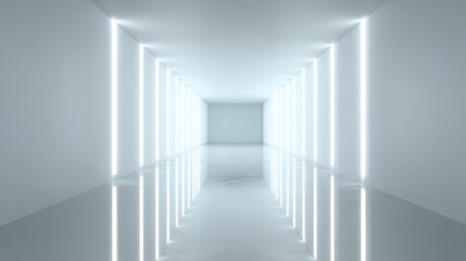 Fototapete - Sleek white hallway with luminous vertical lighting casting reflections on polished floor, embodying contemporary minimalist design and architectural sophistication