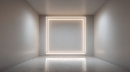 Fototapete - Modern minimalist interior featuring an empty room with a large, glowing rectangular frame illuminating pristine white walls and polished floor, creating a serene ambiance